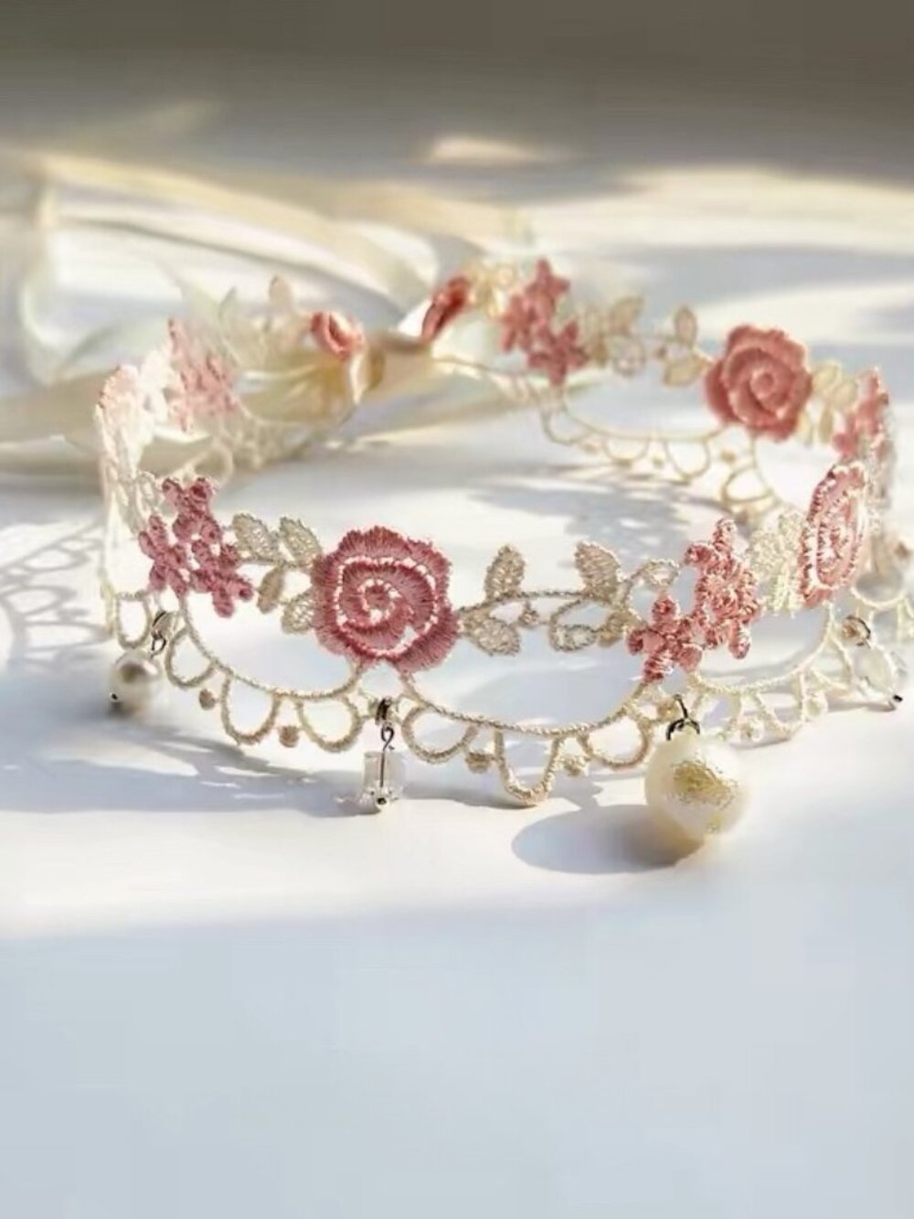 Romantic Coquette Choker Necklace - Pink Rose Pearl Princess Collar